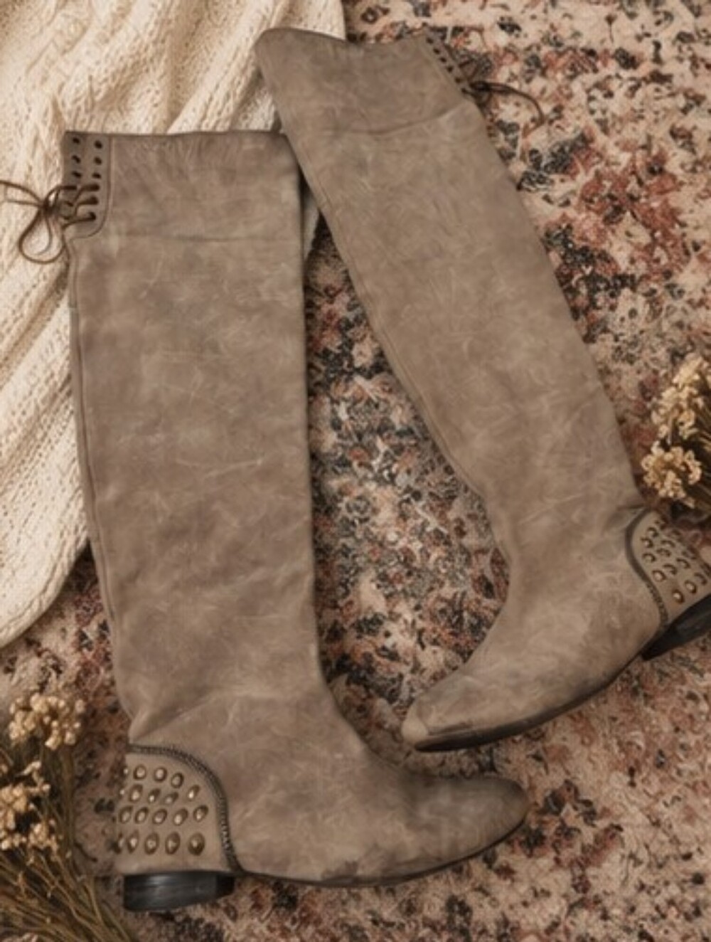 Luxury Rebel Tall Leather OTK Slouch Boots with Lace Shaft Detail + Stud Accents